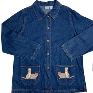 Authentic 1990s Vintage Denim Jacket Embroidered Siamese Cats Jean Jacket